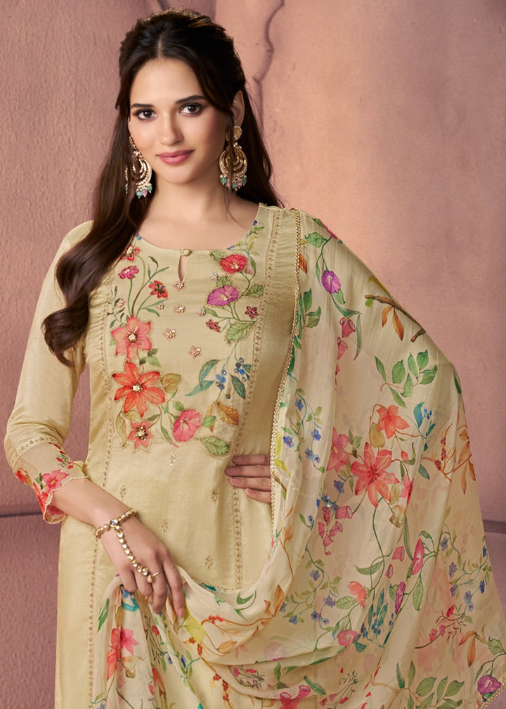 Bright Ivory White Dola Silk Suit with Ethnic Motifs & Bead-Work Accents