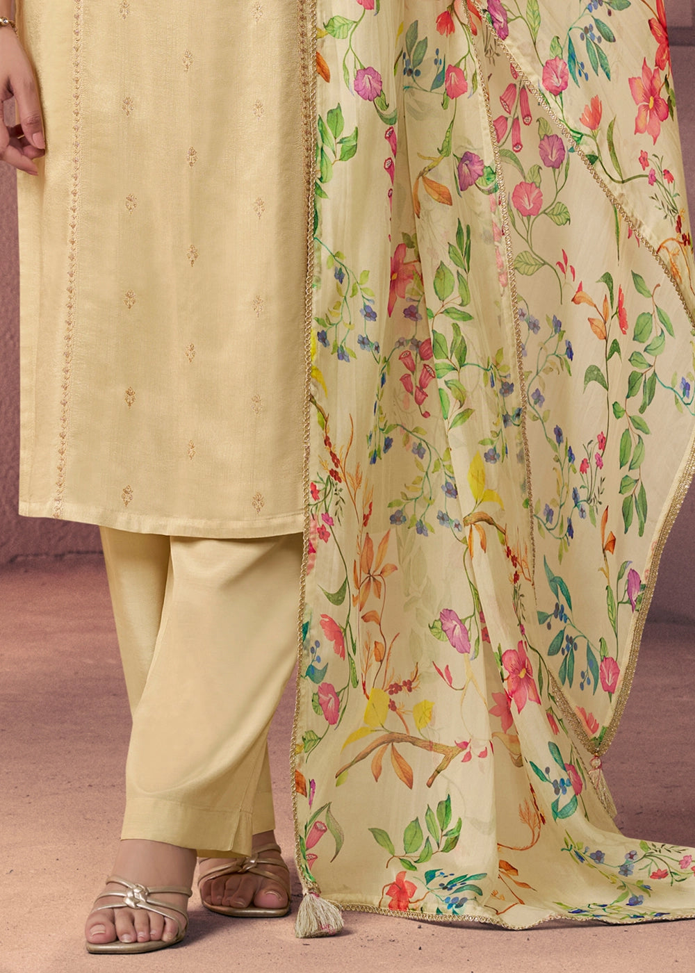 Bright Ivory White Dola Silk Suit with Ethnic Motifs & Bead-Work Accents