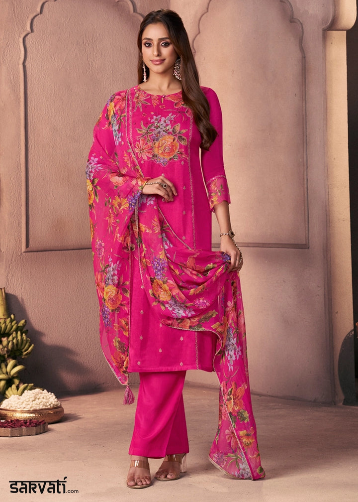 Hot Pink Dola Silk Suit with Ethnic Motifs & Bead-Work Accents