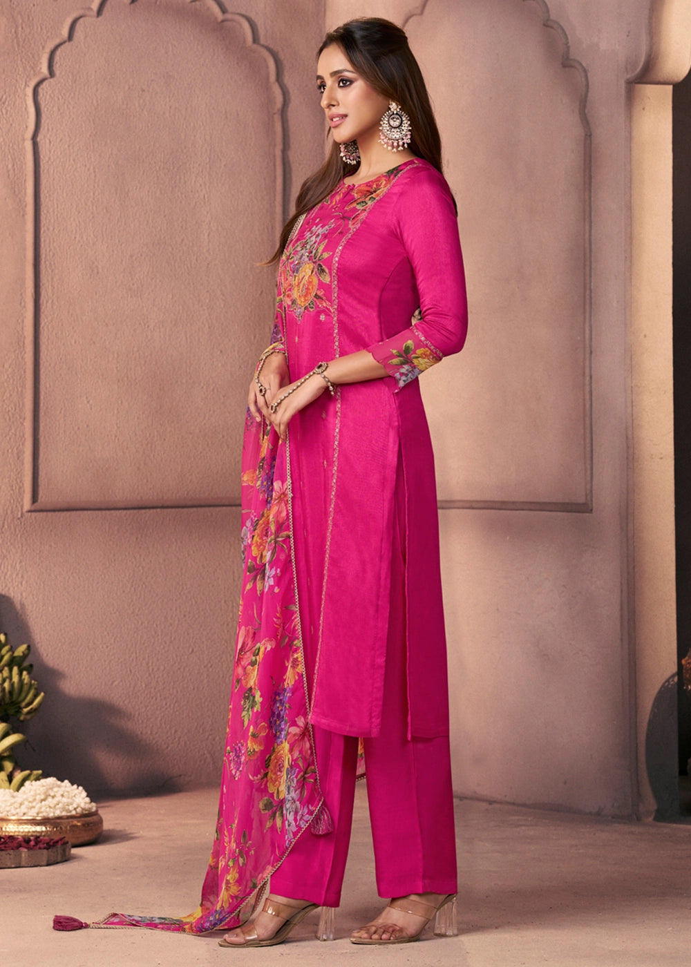 Hot Pink Dola Silk Suit with Ethnic Motifs & Bead-Work Accents