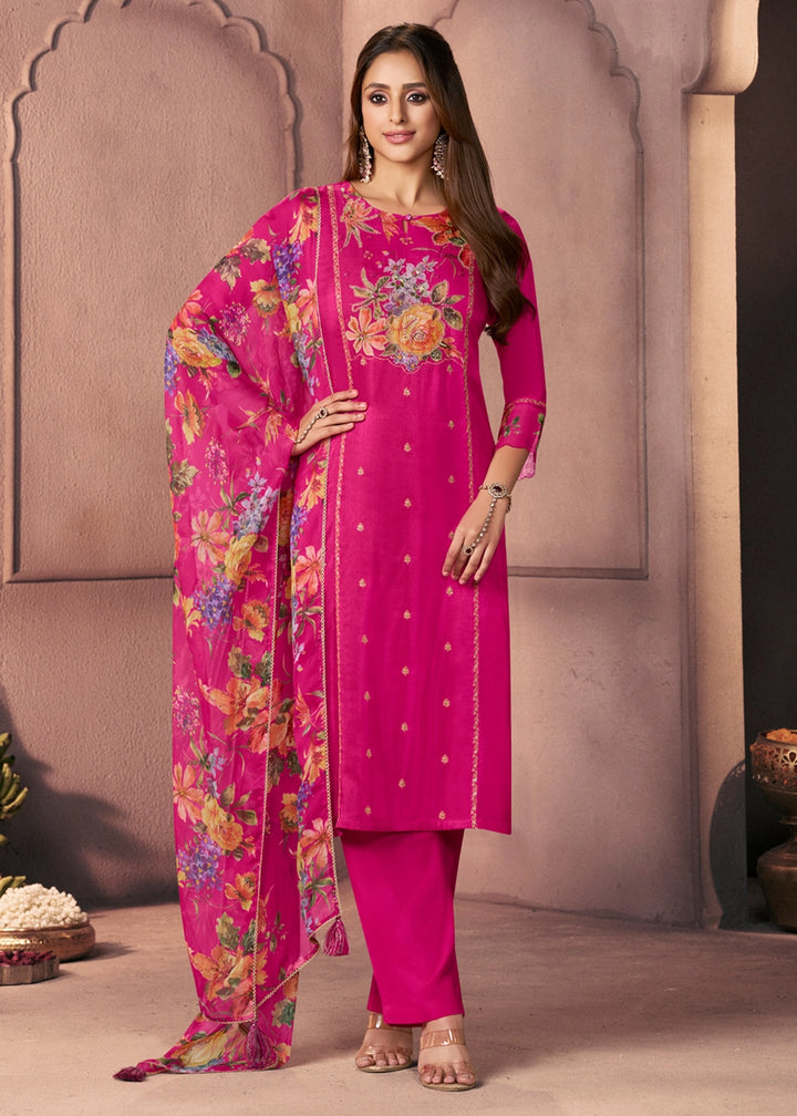 Hot Pink Dola Silk Suit with Ethnic Motifs & Bead-Work Accents