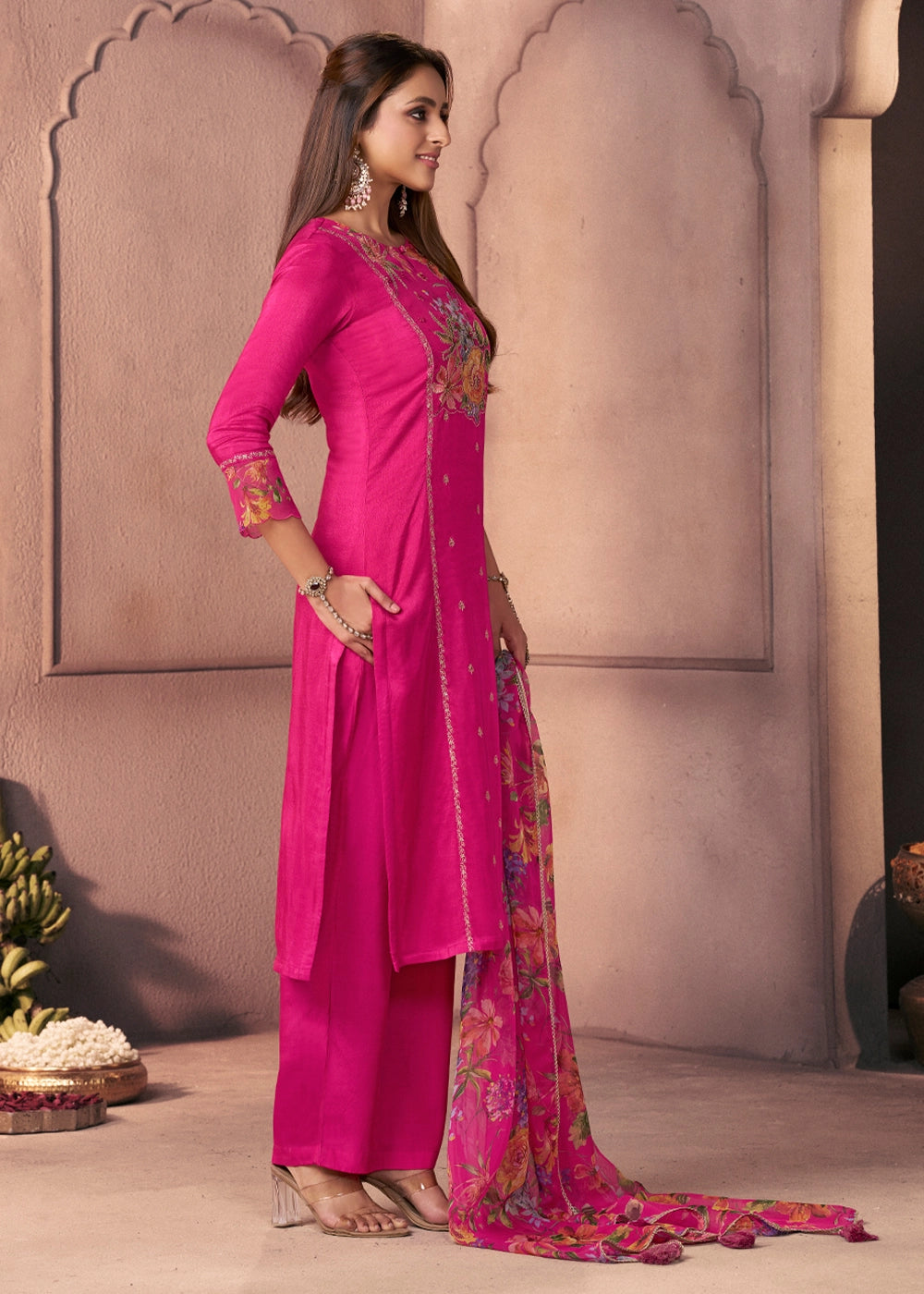 Hot Pink Dola Silk Suit with Ethnic Motifs & Bead-Work Accents