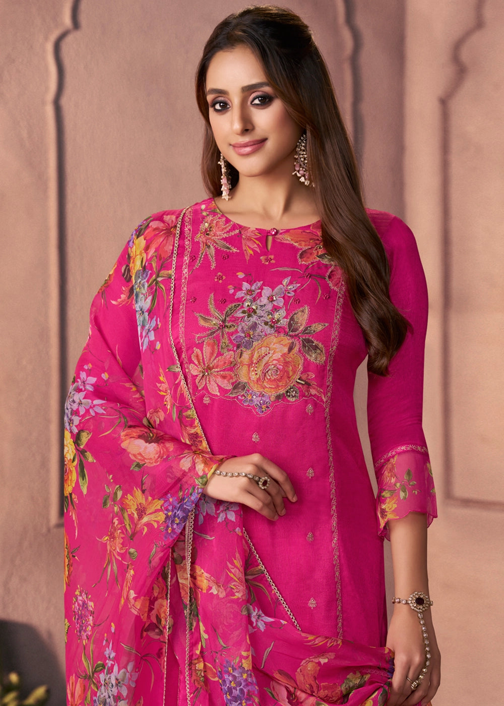 Hot Pink Dola Silk Suit with Ethnic Motifs & Bead-Work Accents