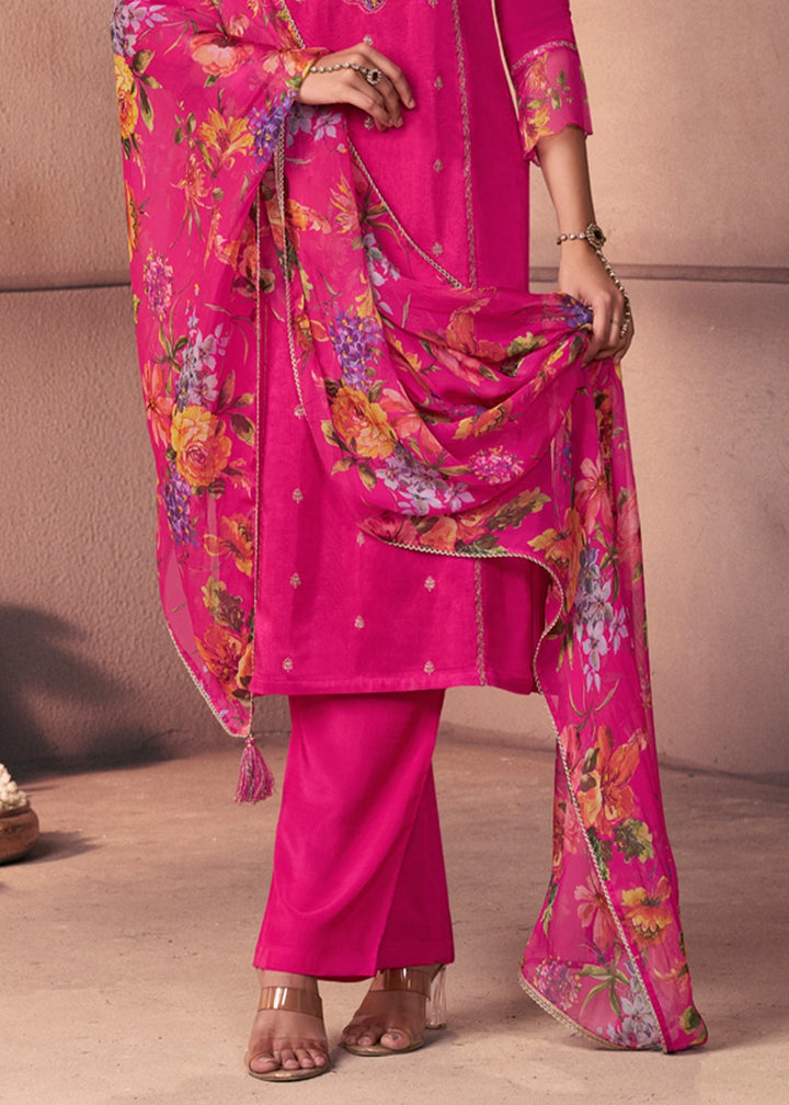 Hot Pink Dola Silk Suit with Ethnic Motifs & Bead-Work Accents