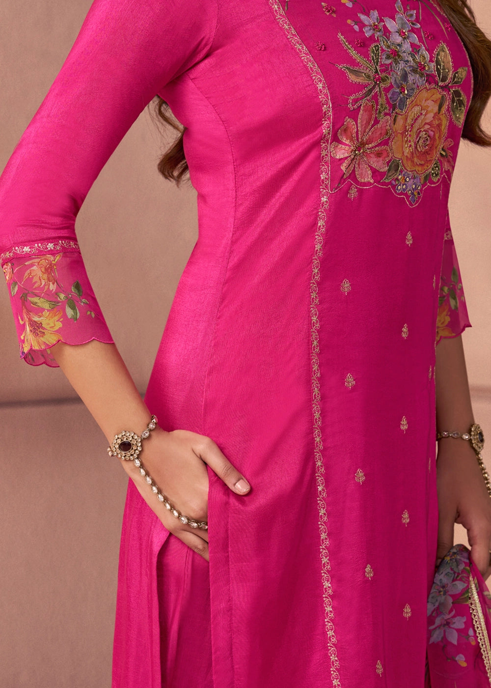 Hot Pink Dola Silk Suit with Ethnic Motifs & Bead-Work Accents