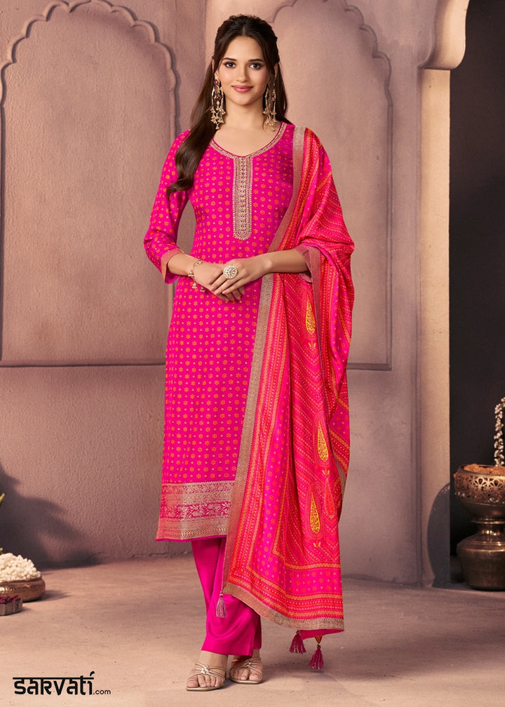 Shades Of Pink Silk Suit with Ethnic Motifs & Embroidered Neckline
