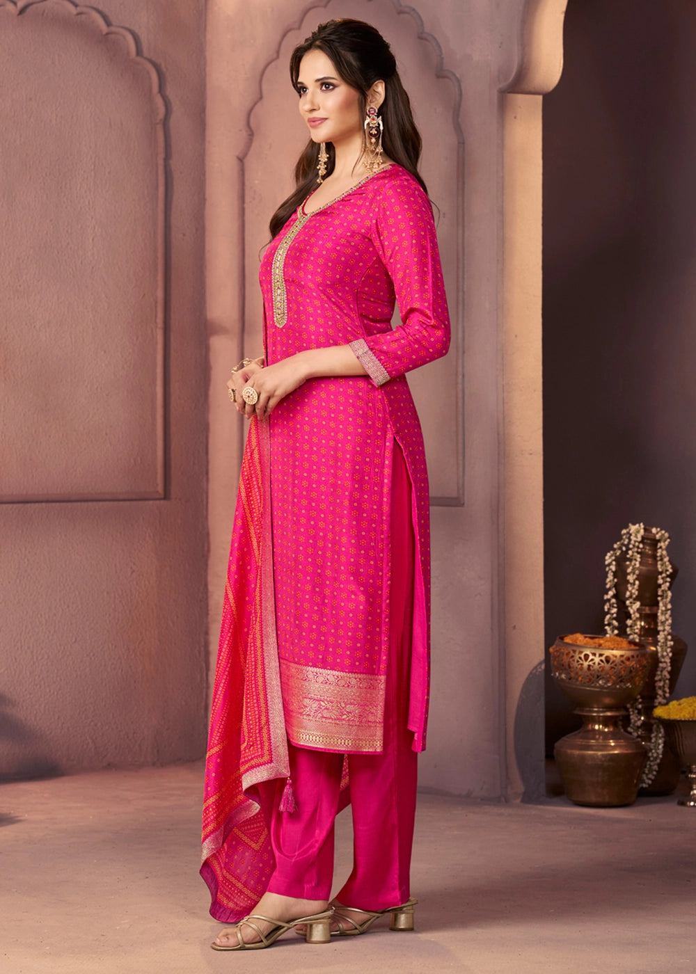 Shades Of Pink Silk Suit with Ethnic Motifs & Embroidered Neckline