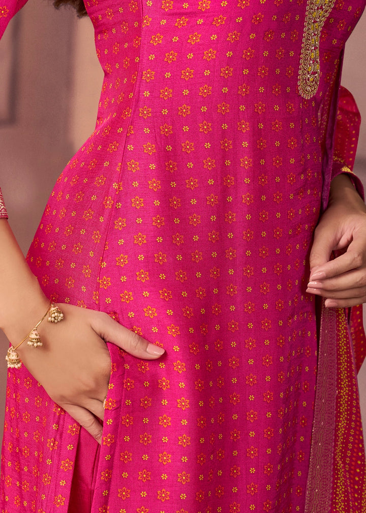 Shades Of Pink Silk Suit with Ethnic Motifs & Embroidered Neckline