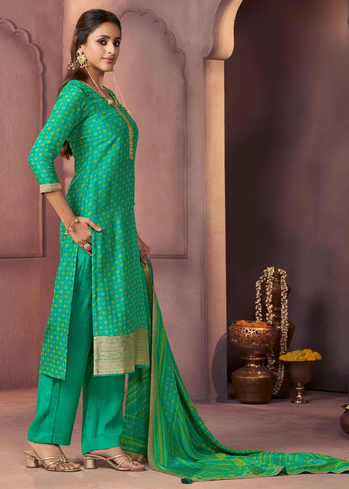 Jade Green Silk Suit with Ethnic Motifs & Embroidered Neckline