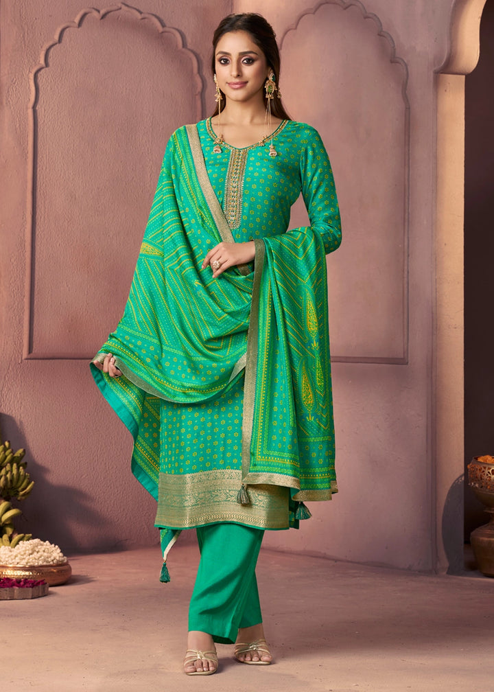 Jade Green Silk Suit with Ethnic Motifs & Embroidered Neckline