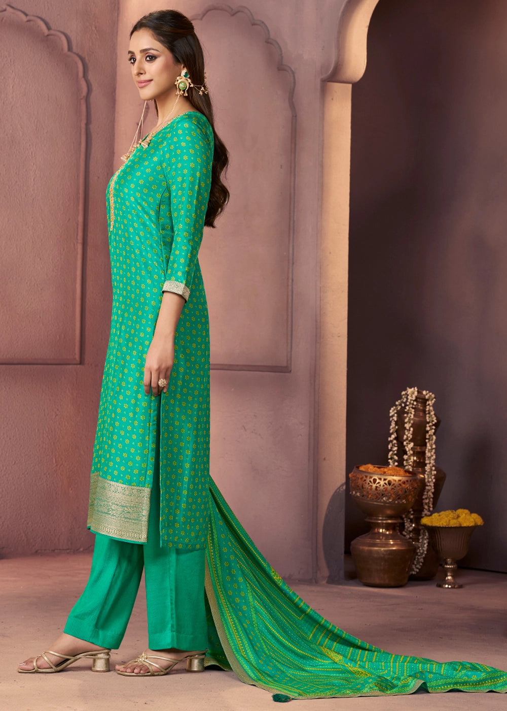Jade Green Silk Suit with Ethnic Motifs & Embroidered Neckline