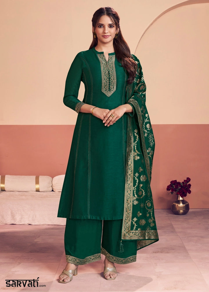 Sacramento Green Silk Kurta Palazzo Set with Rich Embroidery