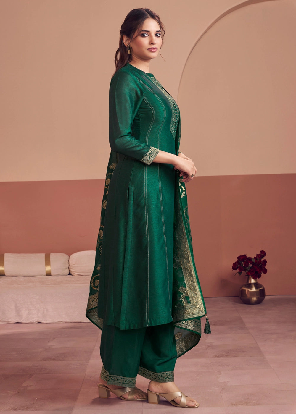 Sacramento Green Silk Kurta Palazzo Set with Rich Embroidery