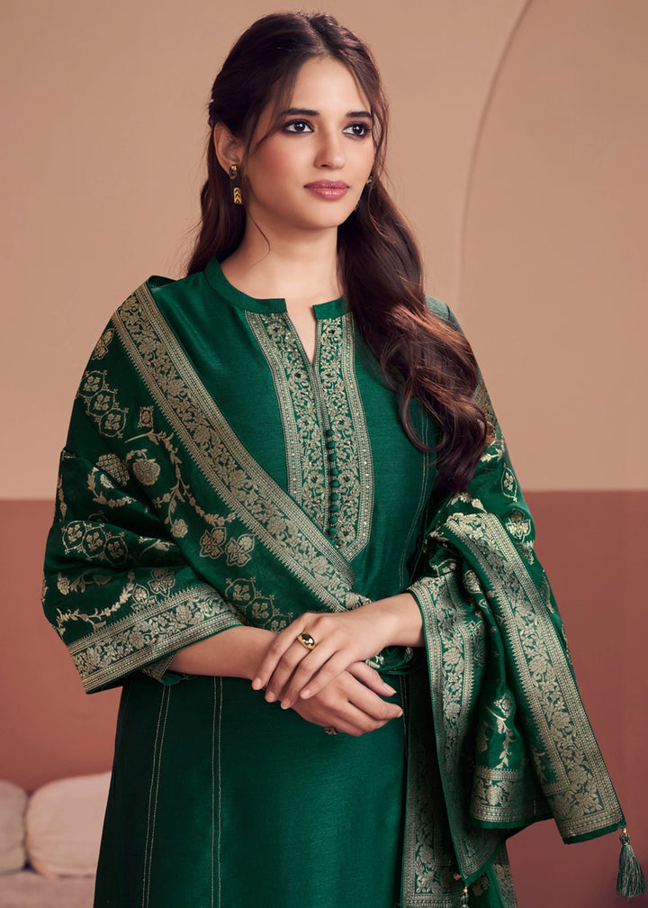 Sacramento Green Silk Kurta Palazzo Set with Rich Embroidery