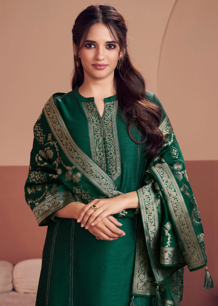 Sacramento Green Silk Kurta Palazzo Set with Rich Embroidery