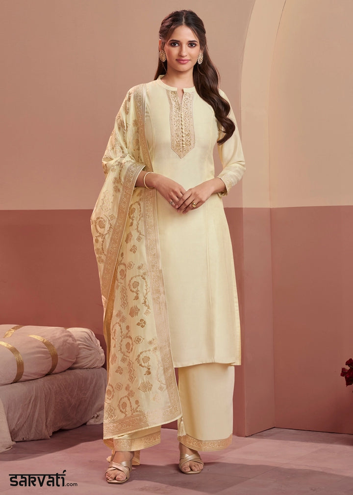Cream White Silk Kurta Palazzo Set with Rich Embroidery