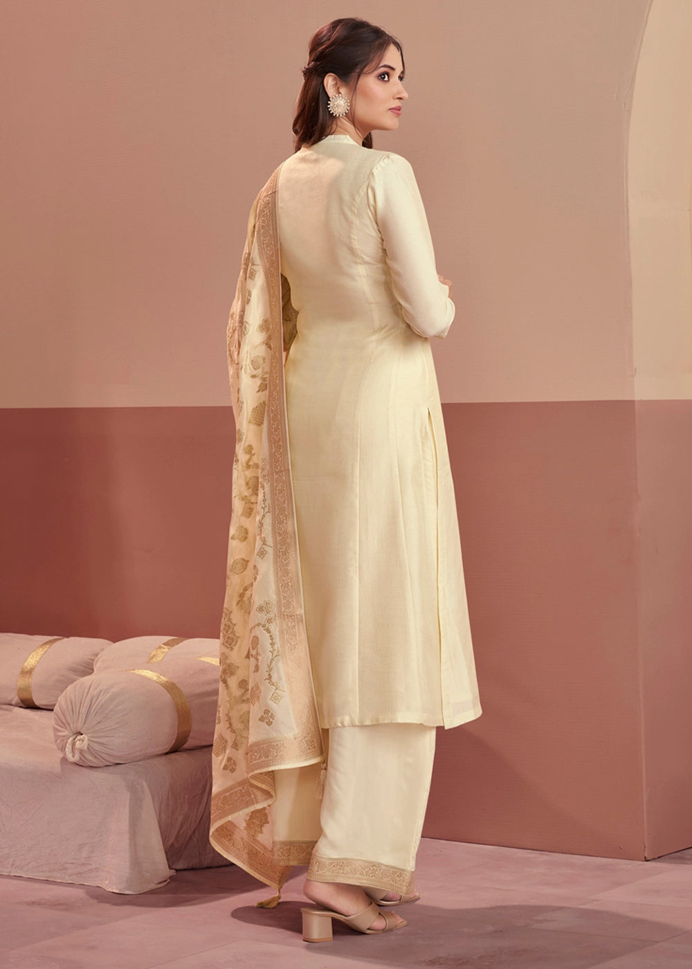 Cream White Silk Kurta Palazzo Set with Rich Embroidery