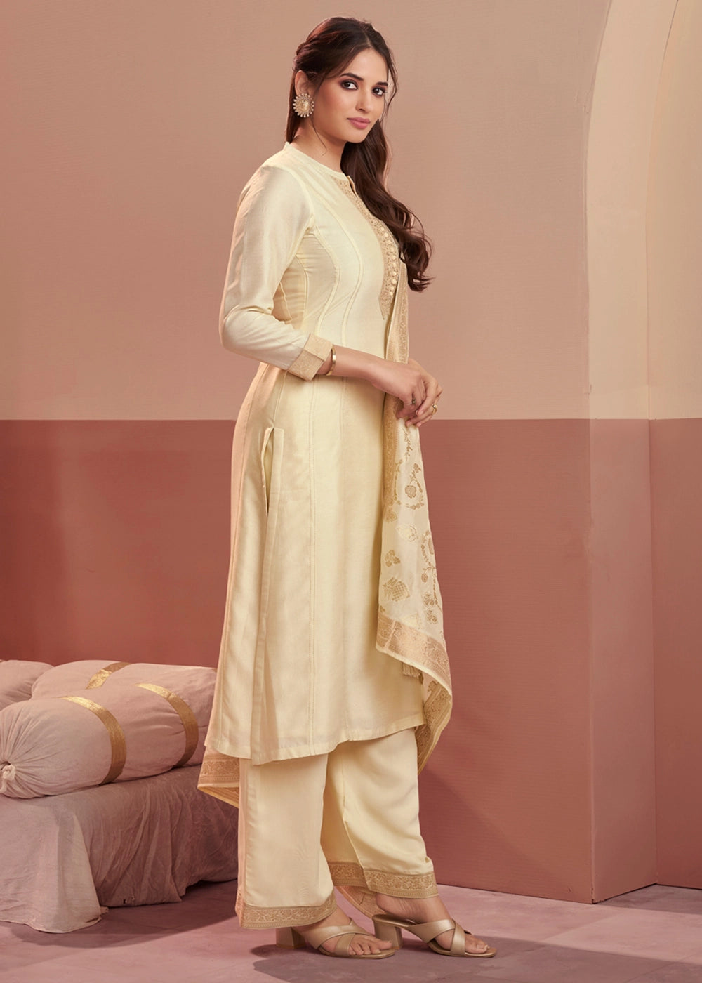 Cream White Silk Kurta Palazzo Set with Rich Embroidery