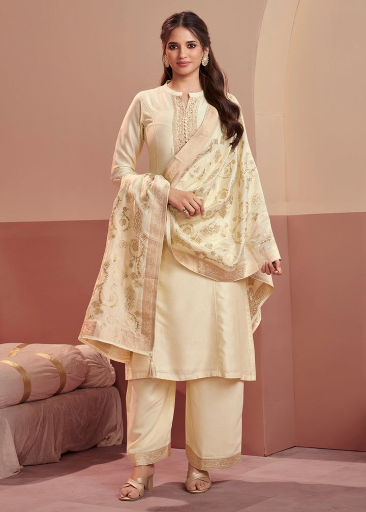 Cream White Silk Kurta Palazzo Set with Rich Embroidery