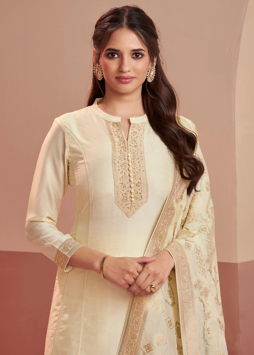 Cream White Silk Kurta Palazzo Set with Rich Embroidery