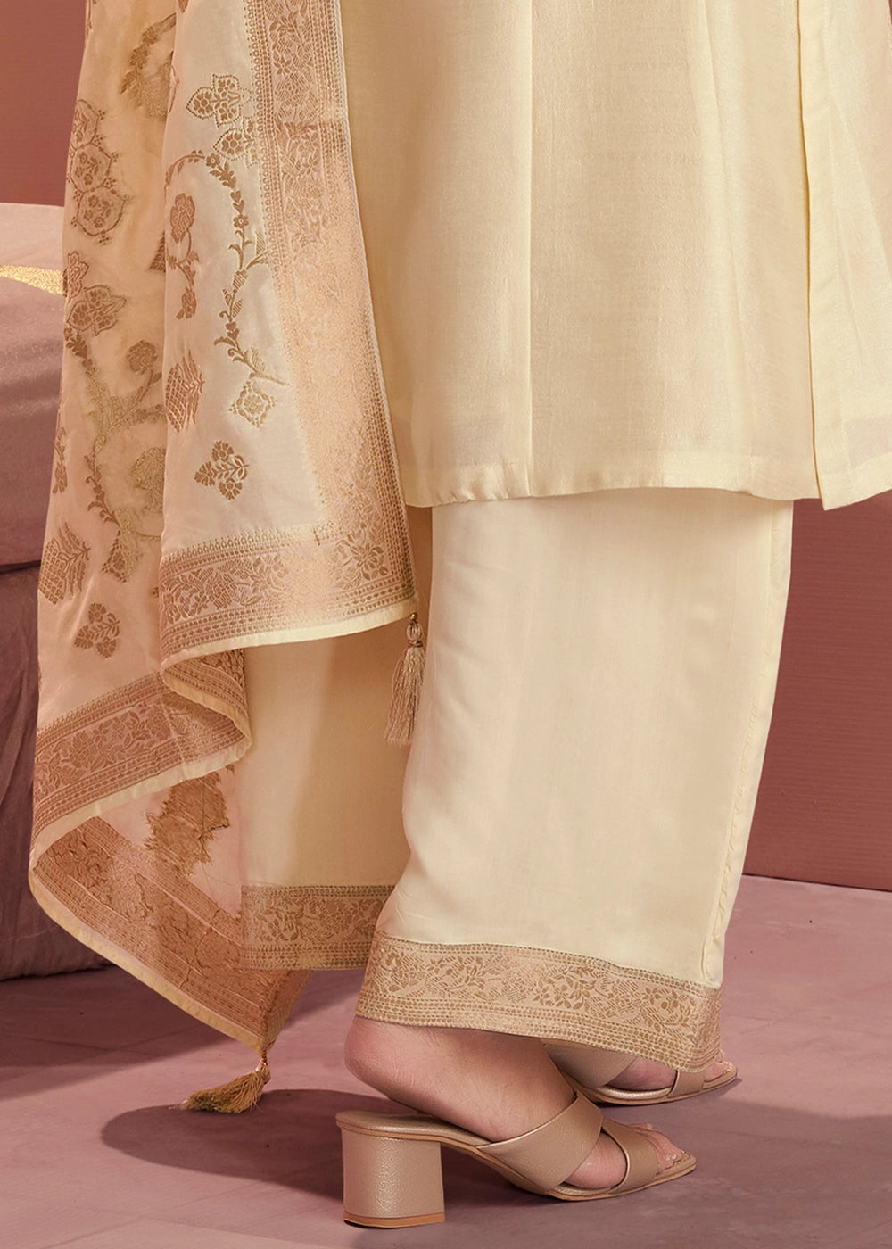 Cream White Silk Kurta Palazzo Set with Rich Embroidery