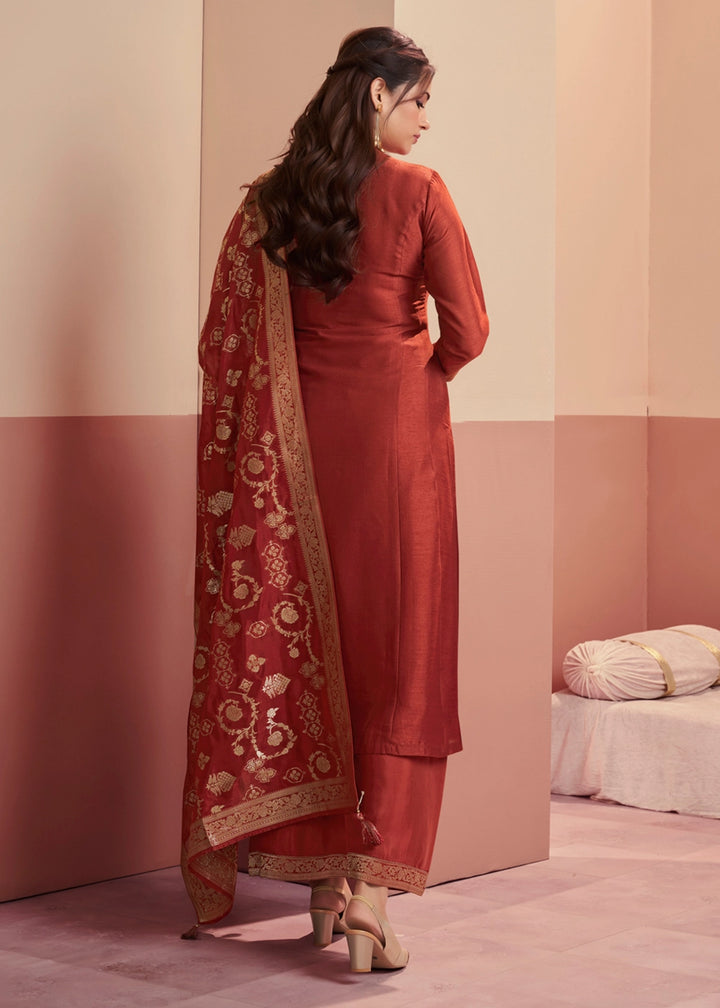 Opulent Chestnut Brown Silk Embroidered Kurta Palazzo Ensemble