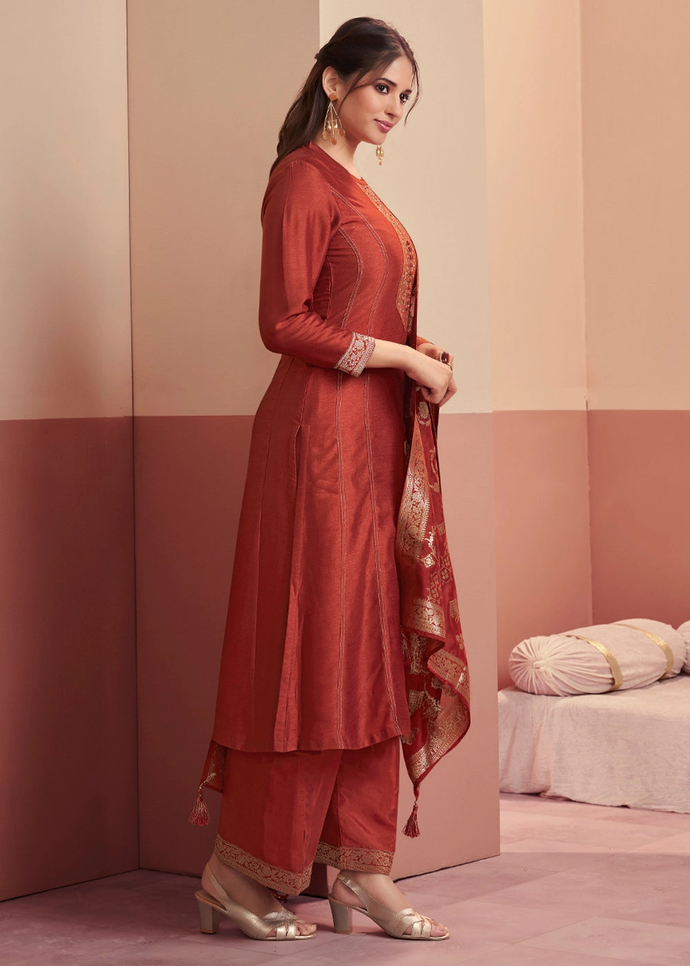 Auburn Brown Silk Kurta Palazzo Set with Rich Embroidery
