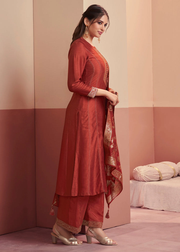 Auburn Brown Silk Kurta Palazzo Set with Rich Embroidery