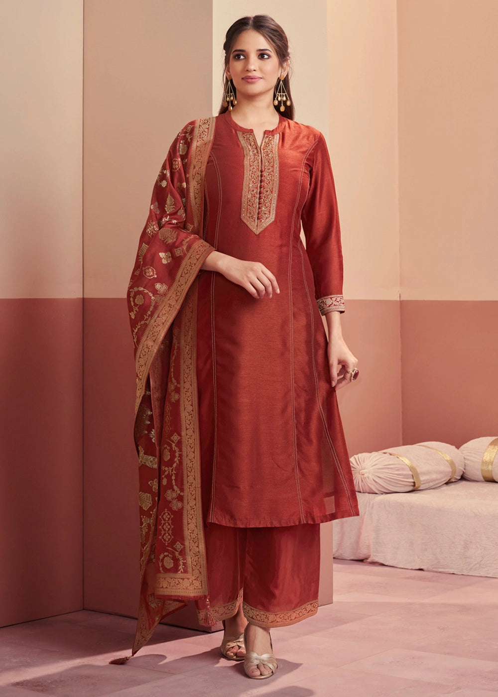 Auburn Brown Silk Kurta Palazzo Set with Rich Embroidery