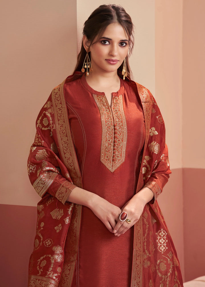 Auburn Brown Silk Kurta Palazzo Set with Rich Embroidery