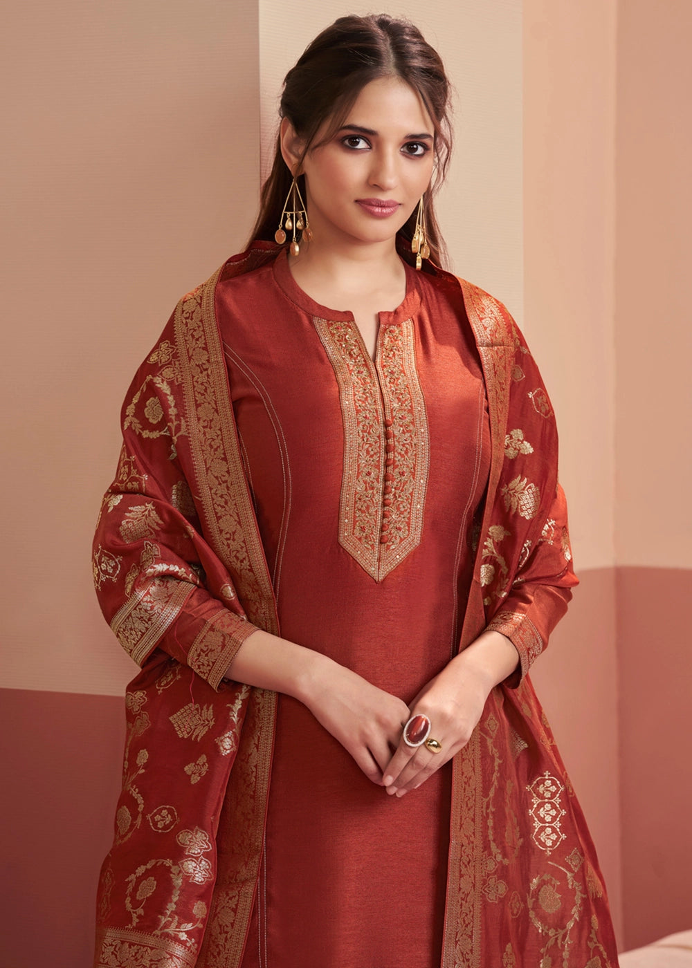 Opulent Chestnut Brown Silk Embroidered Kurta Palazzo Ensemble