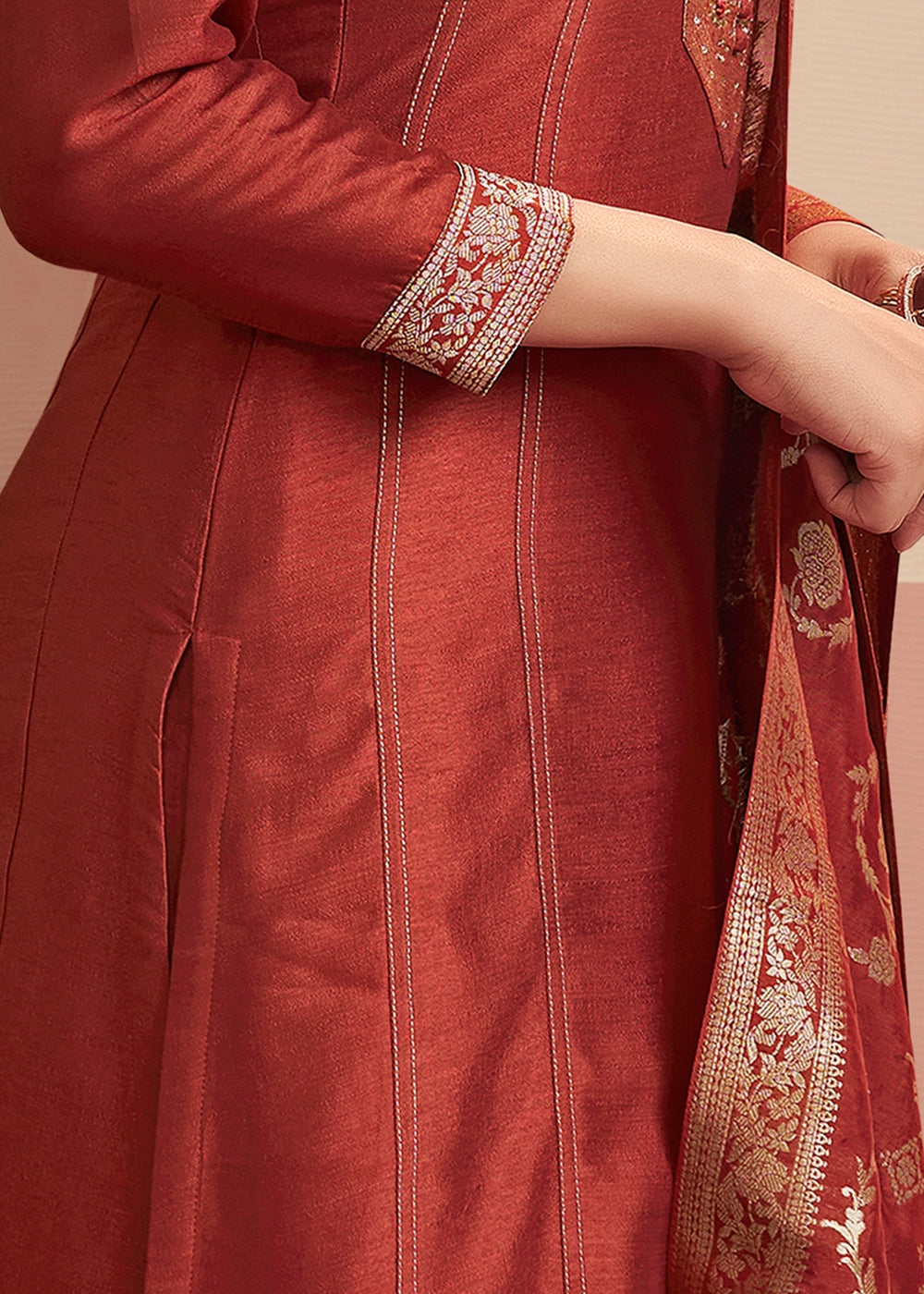 Auburn Brown Silk Kurta Palazzo Set with Rich Embroidery