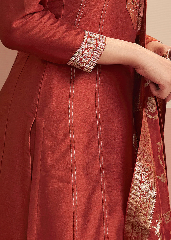 Opulent Chestnut Brown Silk Embroidered Kurta Palazzo Ensemble