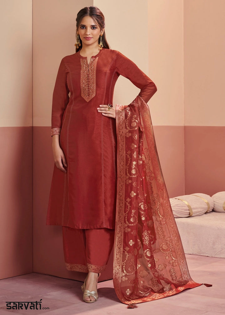 Opulent Chestnut Brown Silk Embroidered Kurta Palazzo Ensemble