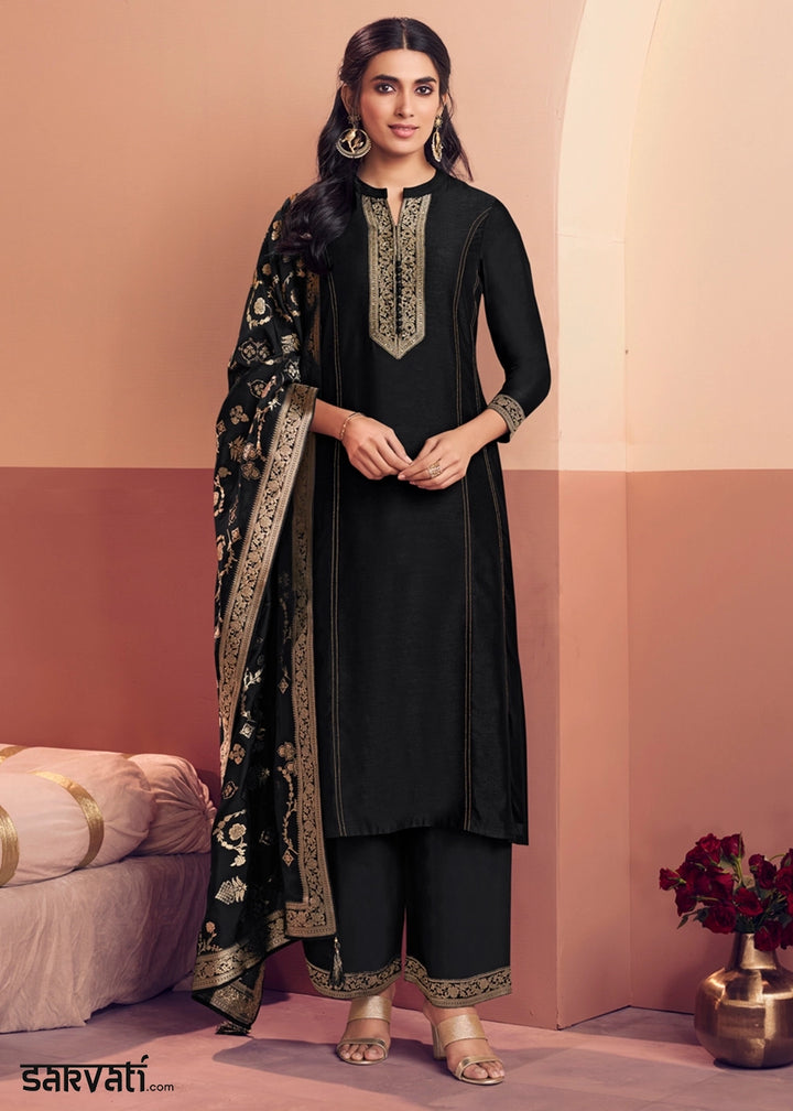 Pebble Black Silk Embroidered Kurta Palazzo Ensemble