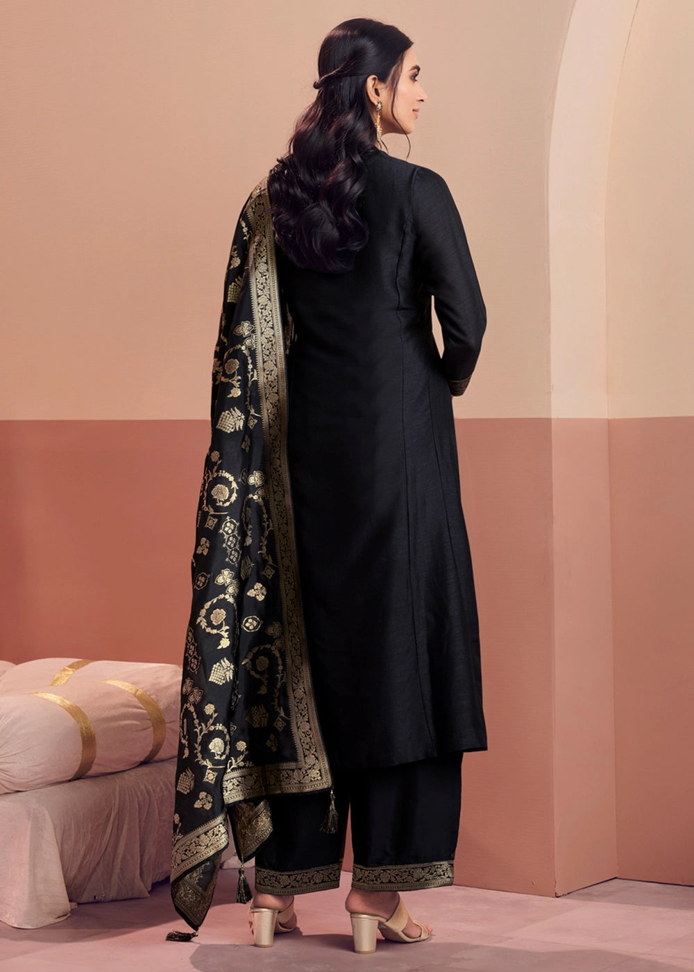 Pebble Black Silk Embroidered Kurta Palazzo Ensemble