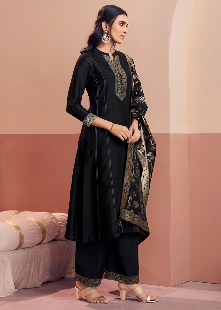 Pebble Black Silk Embroidered Kurta Palazzo Ensemble