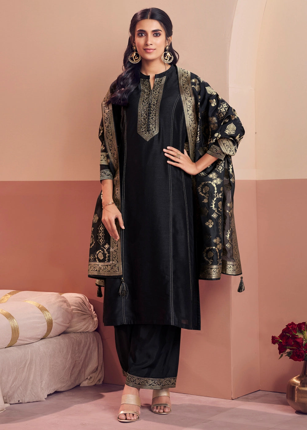 Pebble Black Silk Embroidered Kurta Palazzo Ensemble