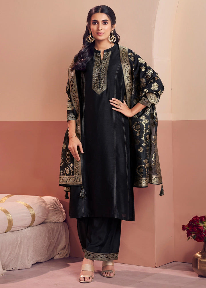 Pebble Black Silk Embroidered Kurta Palazzo Ensemble