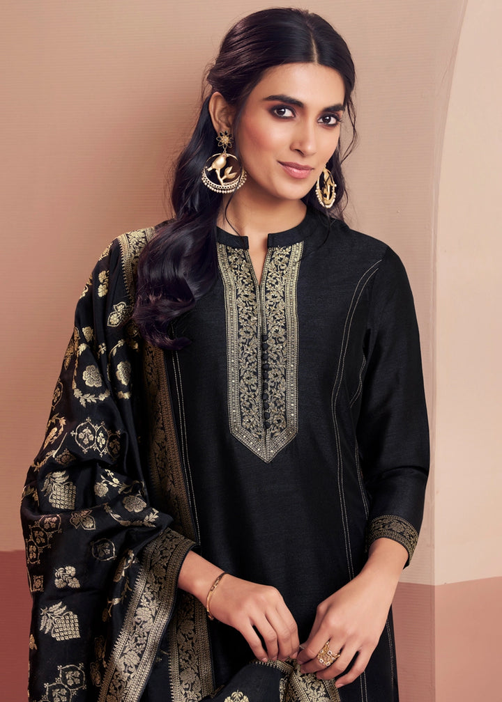Pebble Black Silk Embroidered Kurta Palazzo Ensemble
