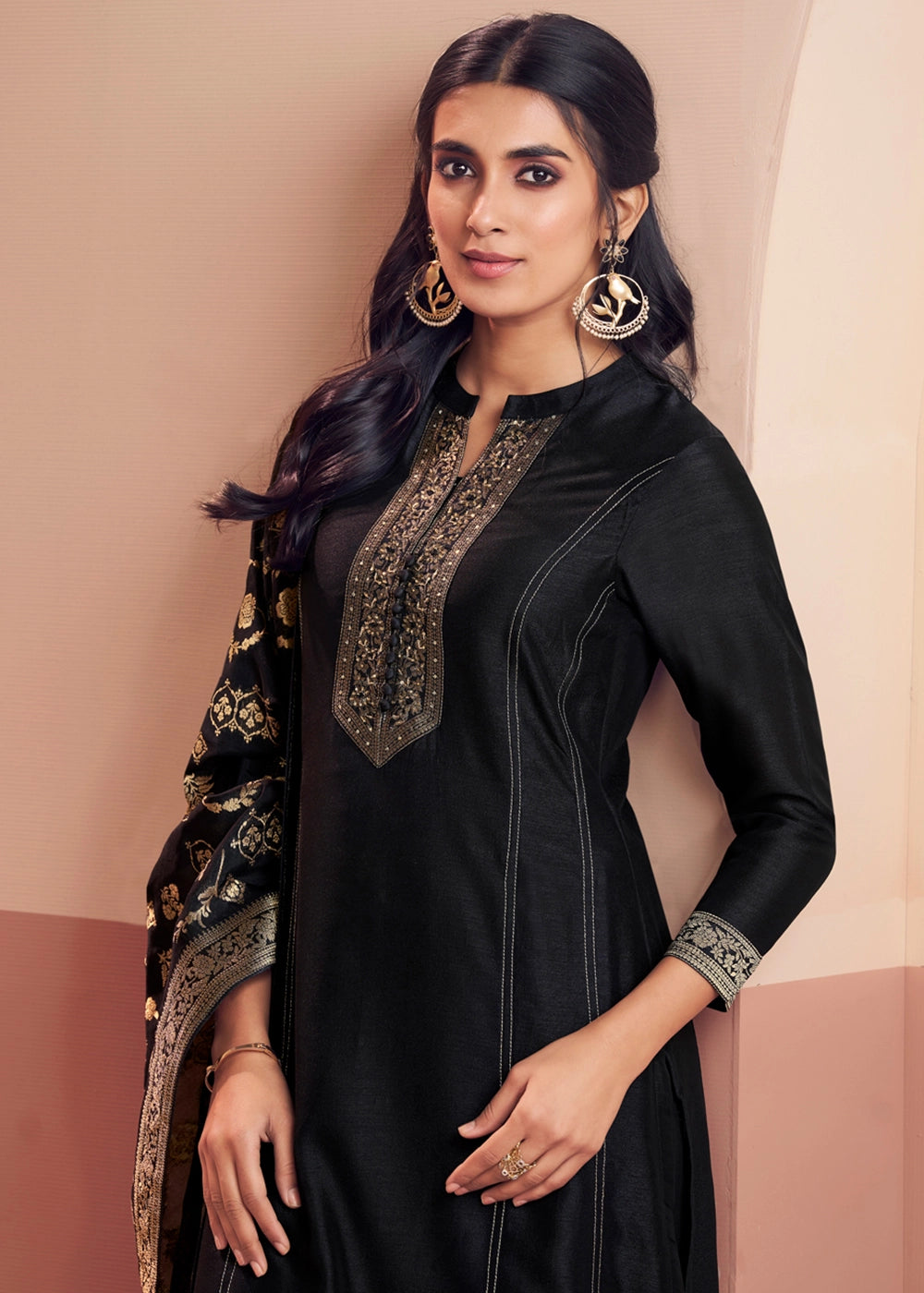 Pebble Black Silk Embroidered Kurta Palazzo Ensemble