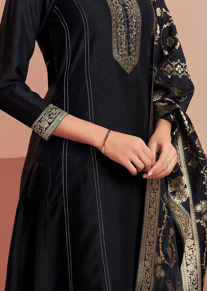 Pebble Black Silk Embroidered Kurta Palazzo Ensemble