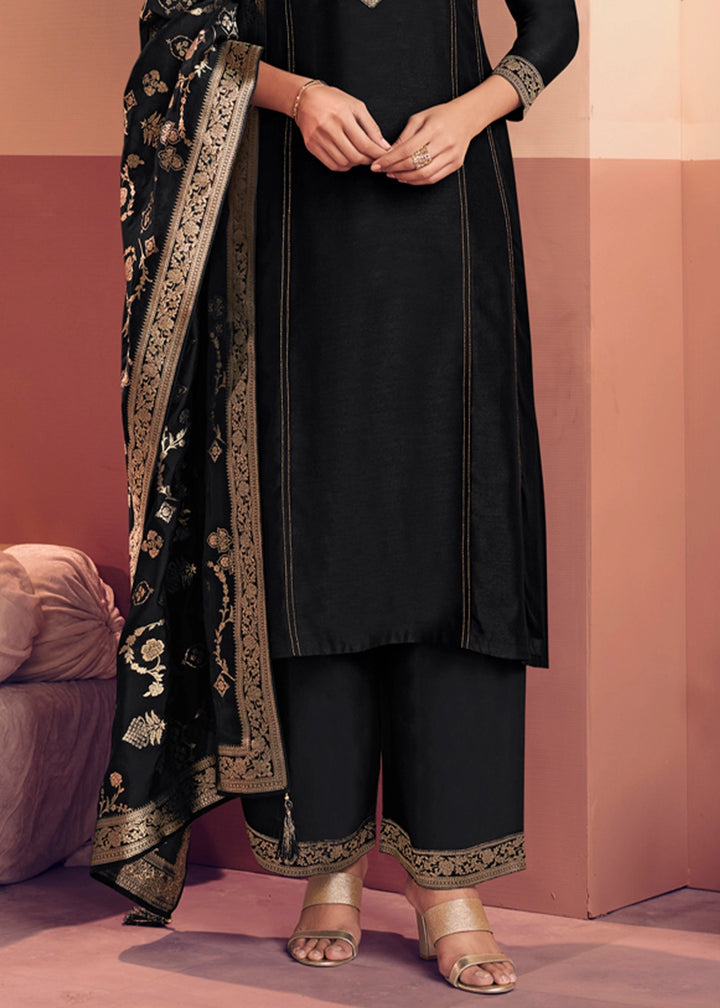 Pebble Black Silk Embroidered Kurta Palazzo Ensemble