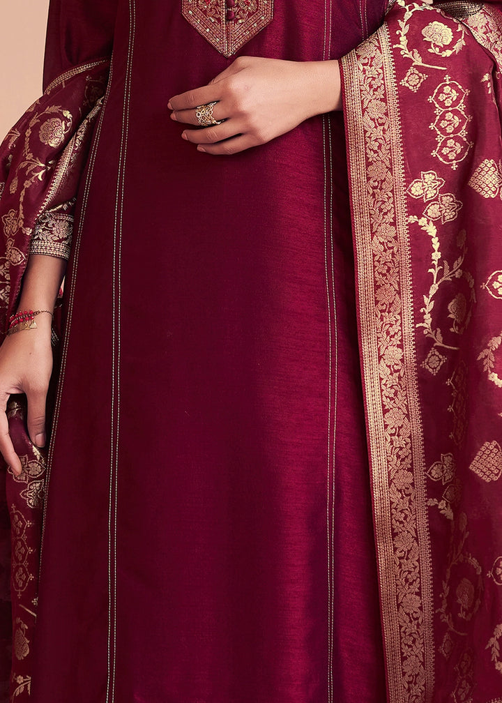 Maroon Embroidery A-Line Palazzo With Dyed Trousers And Jacquaed Dupatta