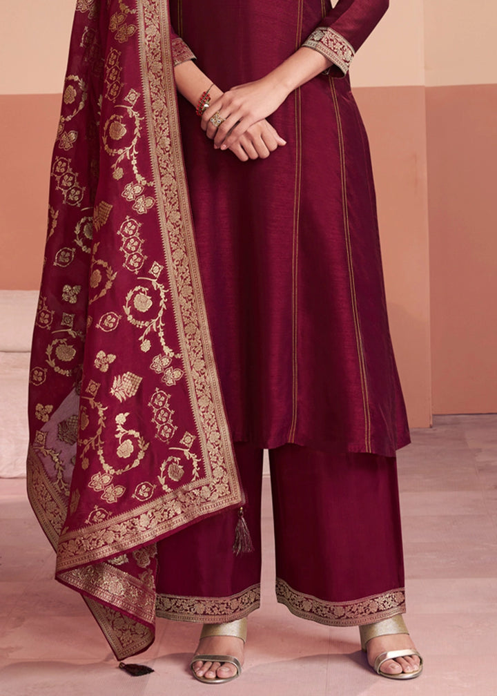 Maroon Embroidery A-Line Palazzo With Dyed Trousers And Jacquaed Dupatta