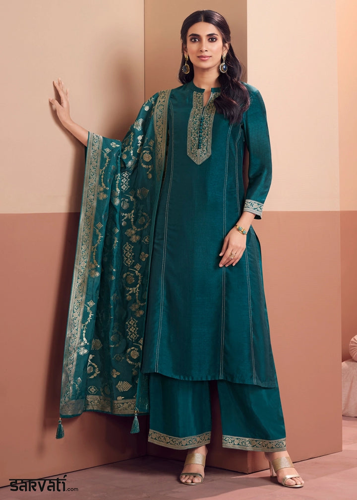 Opulent Prussian Blue Silk Embroidered Kurta Palazzo Ensemble