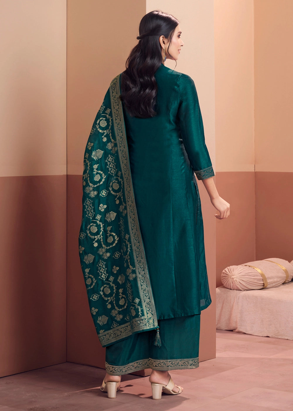 Opulent Prussian Blue Silk Embroidered Kurta Palazzo Ensemble