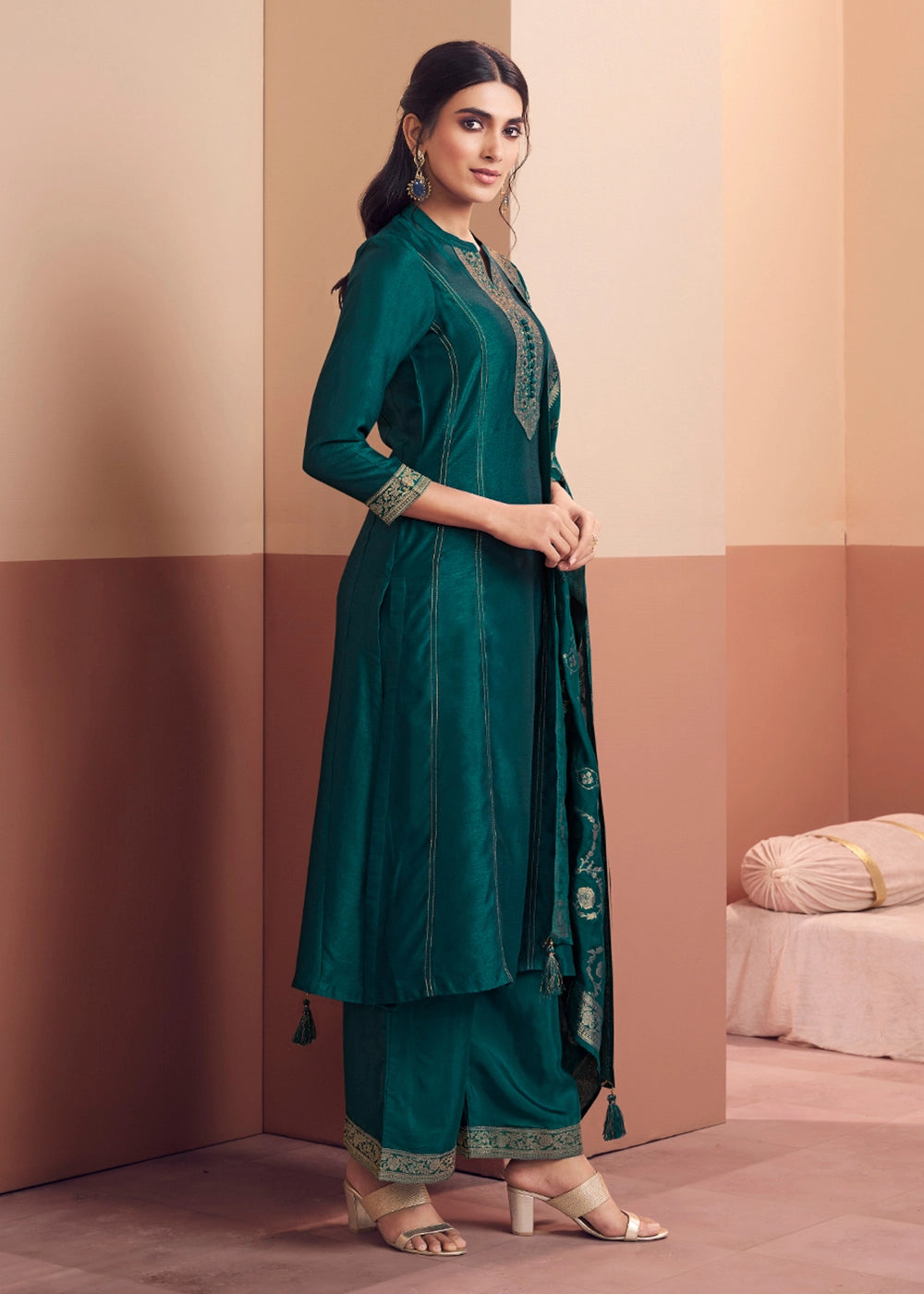 Opulent Prussian Blue Silk Embroidered Kurta Palazzo Ensemble