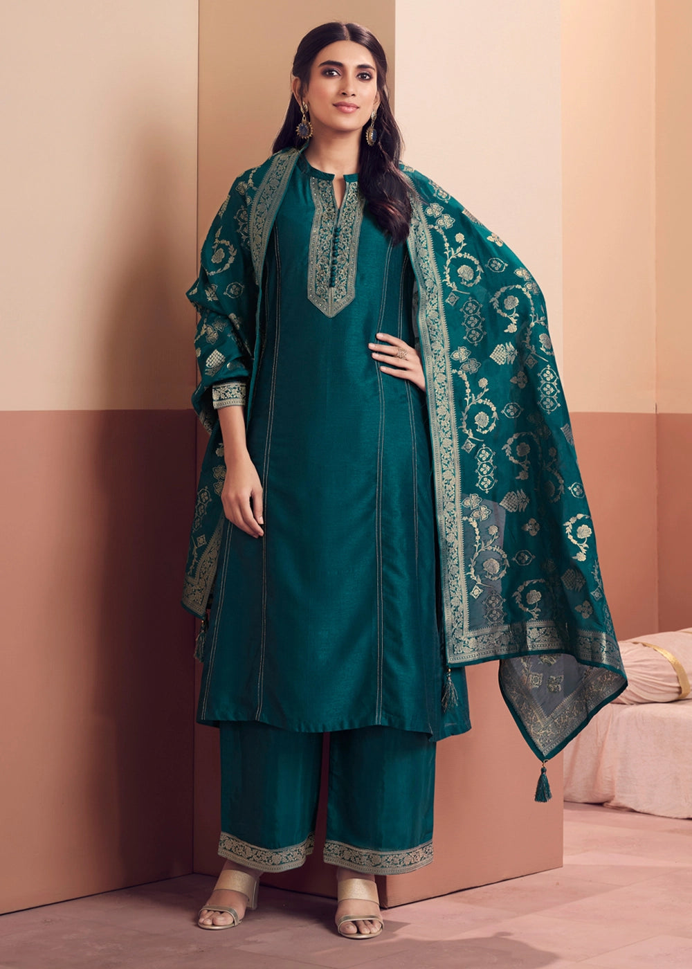 Opulent Prussian Blue Silk Embroidered Kurta Palazzo Ensemble