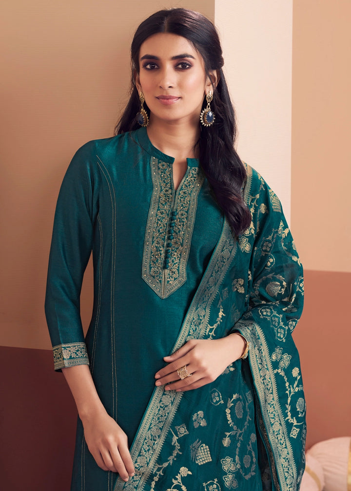 Opulent Prussian Blue Silk Embroidered Kurta Palazzo Ensemble